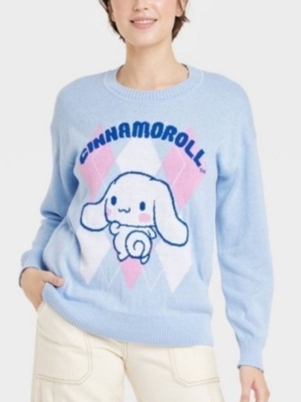 Sanrio Womens Blue White Pink Cinnamoroll Bunny Crewneck Sweater Size Small